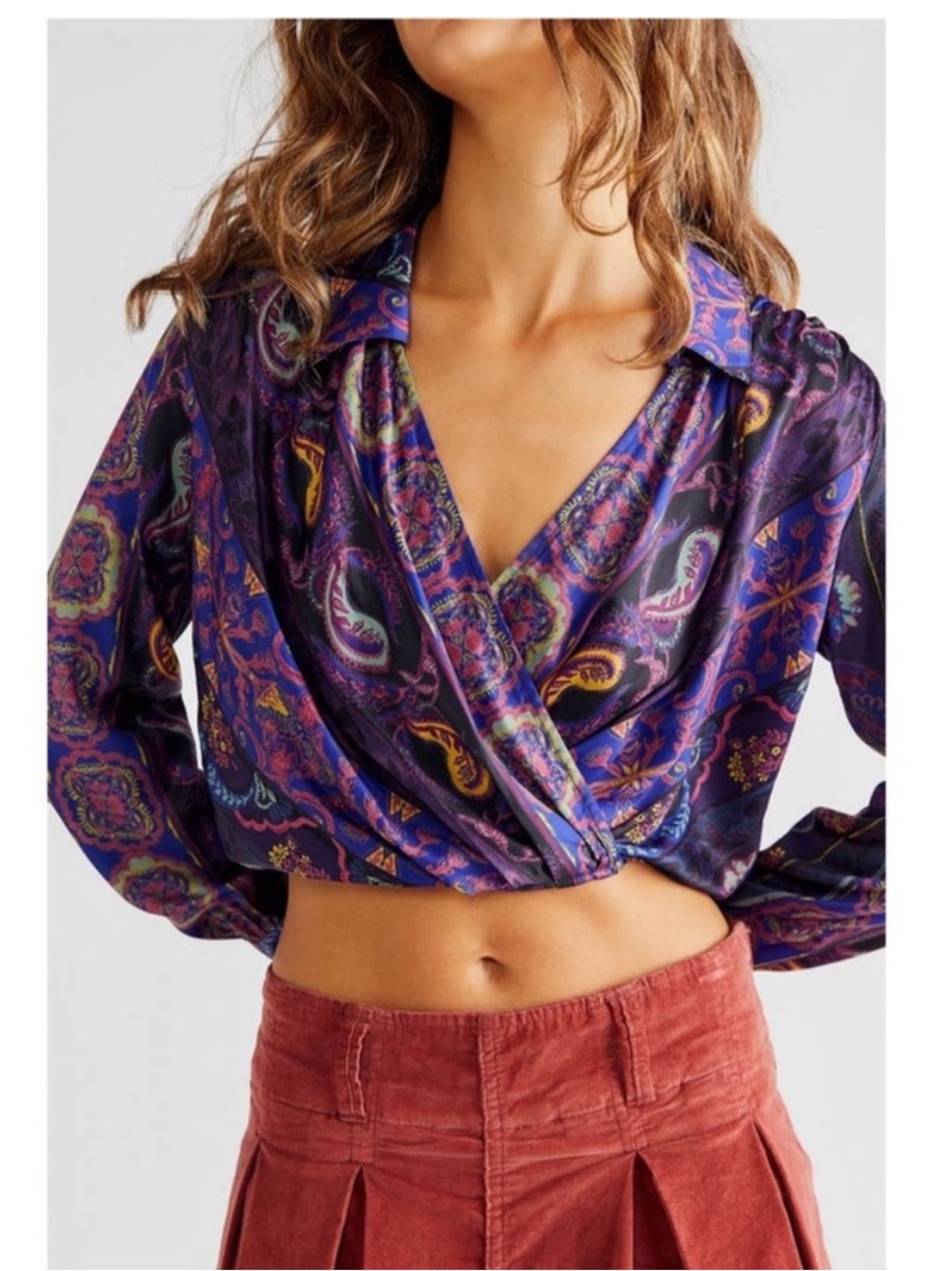 $98 NWOT Free People Lana satin wrap 70s inspired blouse M